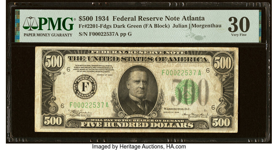 image for: Fr. 2201-F $500 1934 Federal Reserve Note. PMG Very Fine 30....