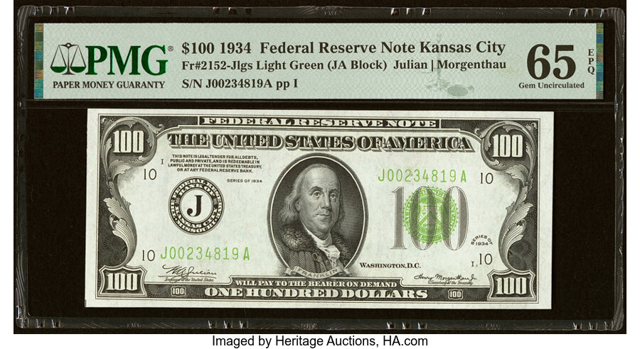 image for: Fr. 2152-J $100 1934 Light Green Seal Federal Reserve Note. PMG Gem Uncirculated 65 EPQ....