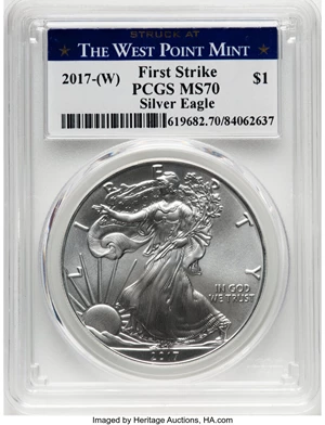 image for: 2017-W $1 One-Ounce Silver Eagle, Struck at The West Point Mint, First Strike MS70 PCGS....