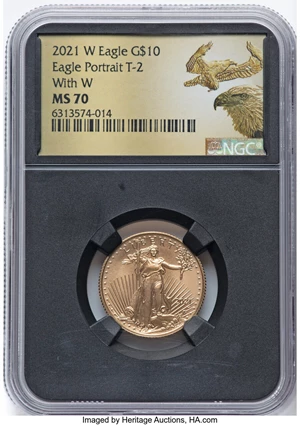 image for: 2021-W $10 Quarter Ounce Gold Eagle, Type Two, With W, Unfinished Proof Dies, MS70 NGC....
