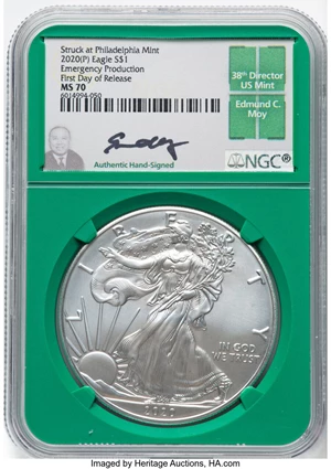 image for: 2020-(P) $1 Silver Eagle, Emergency Production Struck at Philadelphia, First Day of Release MS70 NGC. Hand-signed, Edmund C...