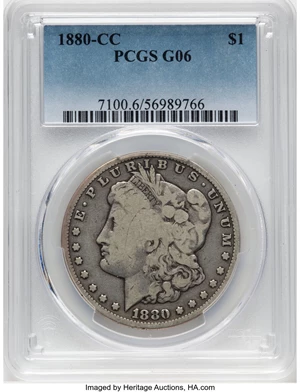 image for: 1880-CC $1 8/7, Reverse of 1878, VAM-7, Good 6 PCGS. A Hit List 40 Variety. Mintage 591,000....