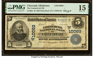 image for: Checotah, OK - $5 1902 Plain Back Fr. 602 The Commercial National Bank Ch. # (W)10063 PMG Choice Fine 15....