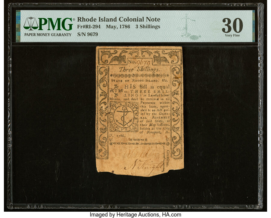 image for: Rhode Island May 1786 3s PMG Very Fine 30....