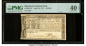 image for: Maryland April 10, 1774 $8 PMG Extremely Fine 40 EPQ....