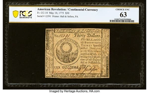 image for: Continental Currency May 10, 1775 $30 PCGS Banknote Choice Unc 63....