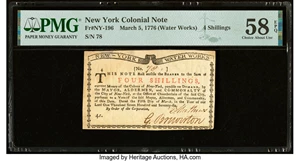 image for: New York March 5 , 1776 (Water Works) 4s PMG Choice About Unc 58 EPQ....