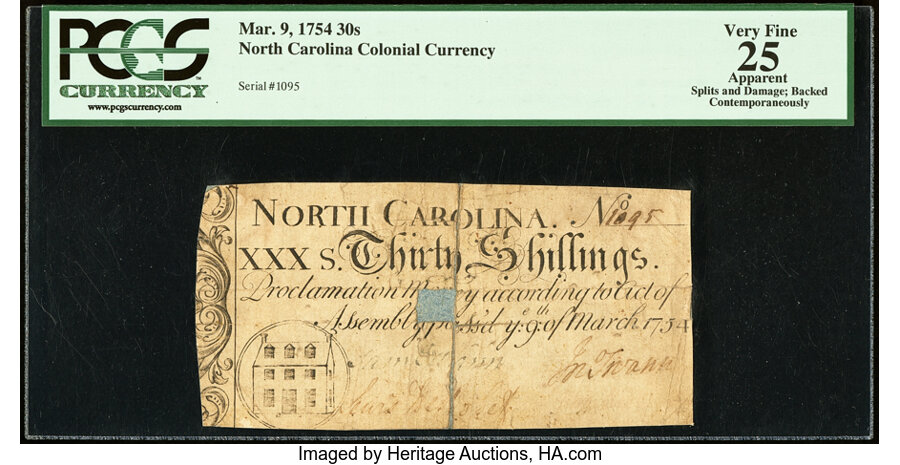 image for: North Carolina March 9, 1754 30s PCGS Apparent Very Fine 25....