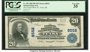 image for: Tulsa, OK - $20 1902 Plain Back Fr. 652 The Central National Bank & Trust Company Ch. # 8552 PCGS Very Fine 35....