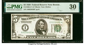 image for: Fr. 1950-A* $5 1928 Federal Reserve Star Note. PMG Very Fine 30....