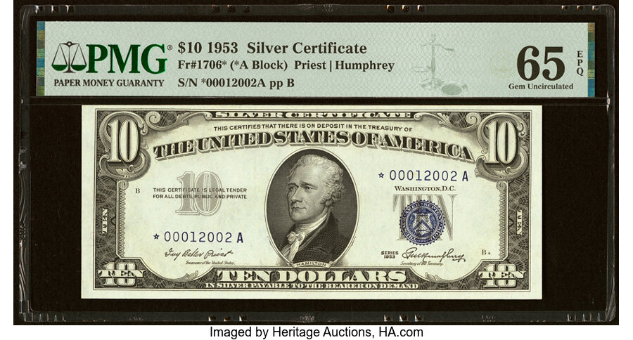 image for: Fr. 1706* $10 1953 Silver Certificate Star. PMG Gem Uncirculated 65 EPQ....