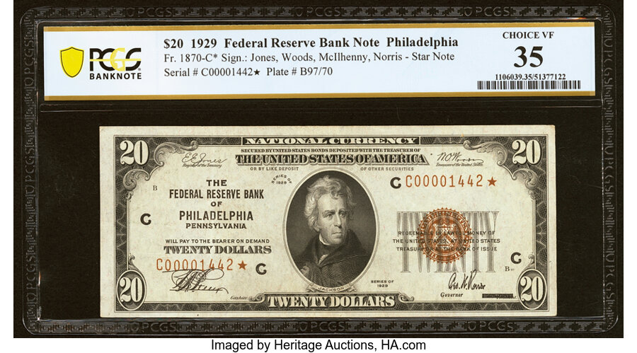 image for: Fr. 1870-C* $20 1929 Federal Reserve Bank Star Note. PCGS Banknote Choice VF 35....