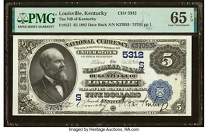 image for: Louisville, KY - $5 1882 Date Back Fr. 537 The National Bank of Kentucky Ch. # (S)5312 PMG Gem Uncirculated 65 EPQ....