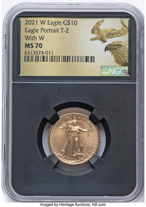 image for: 2021-W $10 Quarter Ounce Gold Eagle, Type Two, With W, Unfinished Proof Dies, MS70 NGC....