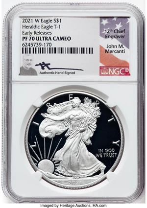 image for: 2021-W $1 Silver Eagle, Type One, Early Releases, PR70 Ultra Cameo NGC. Hand-signed, John M. Mercanti....