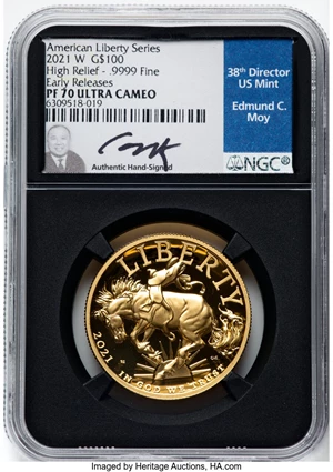 image for: 2021-W $100 American Liberty Series, High Relief .9999 Fine, Early Releases, PR70 Ultra Cameo NGC. Hand-signed, Edmund C. M...