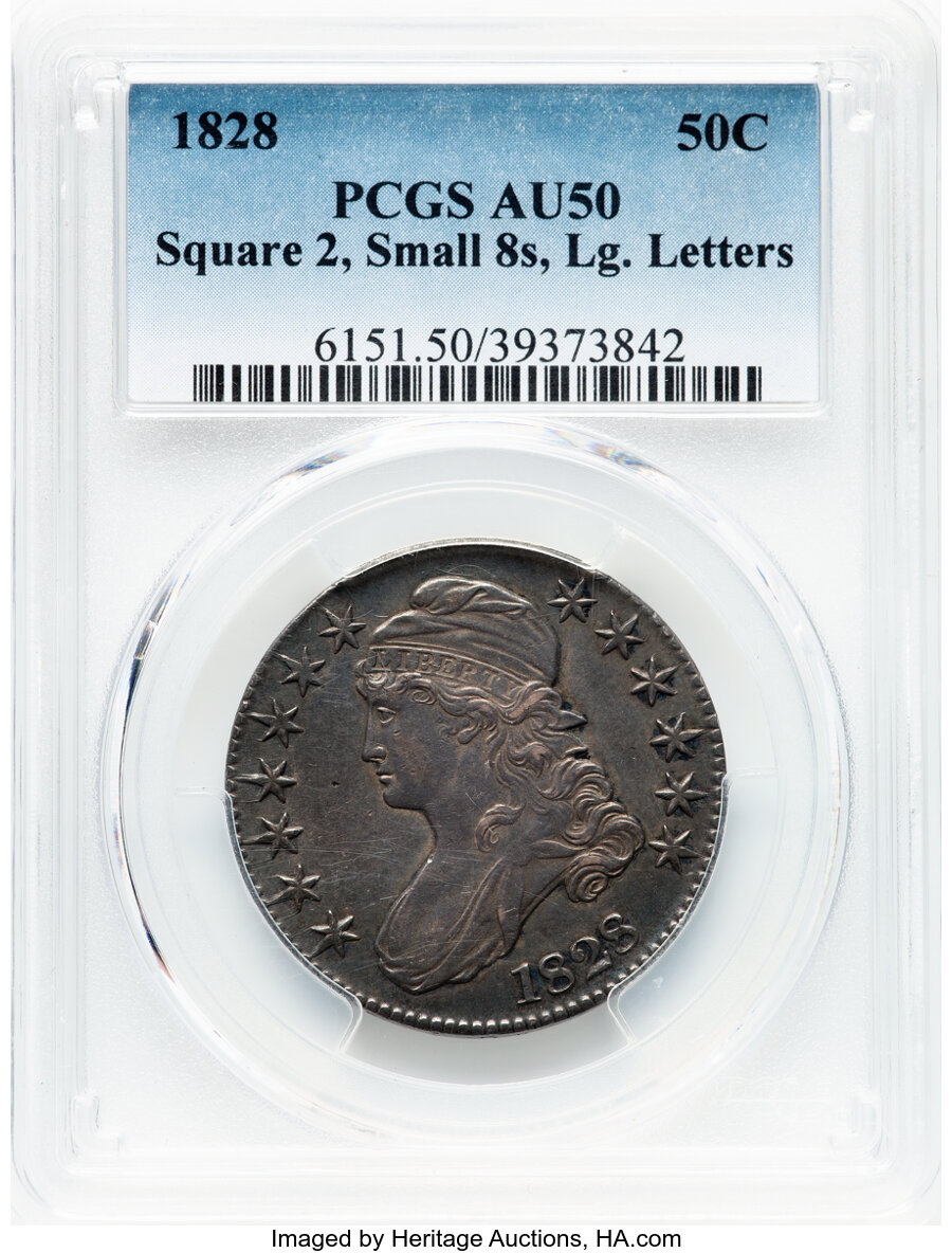 image for: 1828 50C Square Base 2, Small 8s, Large Letters, O-121, R.4, AU50 PCGS. PCGS Population: (100/490)....