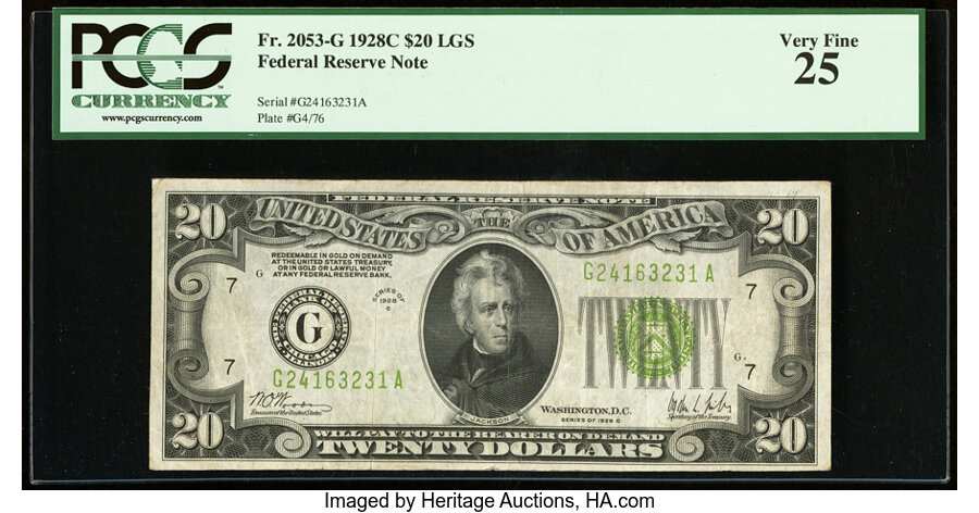 image for: Fr. 2053-G $20 1928C Light Green Seal Federal Reserve Note. PCGS Very Fine 25....