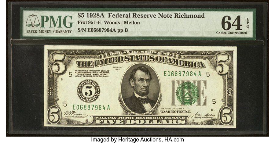 image for: Fr. 1951-E $5 1928A Federal Reserve Note. PMG Choice Uncirculated 64 EPQ....