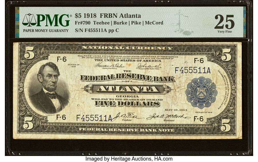 image for: Fr. 790 $5 1918 Federal Reserve Bank Note PMG Very Fine 25....