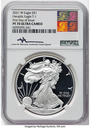 image for: 2021-W $1 Silver Eagle, Type One, First Day of Issue, PR70 Ultra Cameo NGC. John M. Mercanti, Authentic Hand-Signed. NGC Ce...