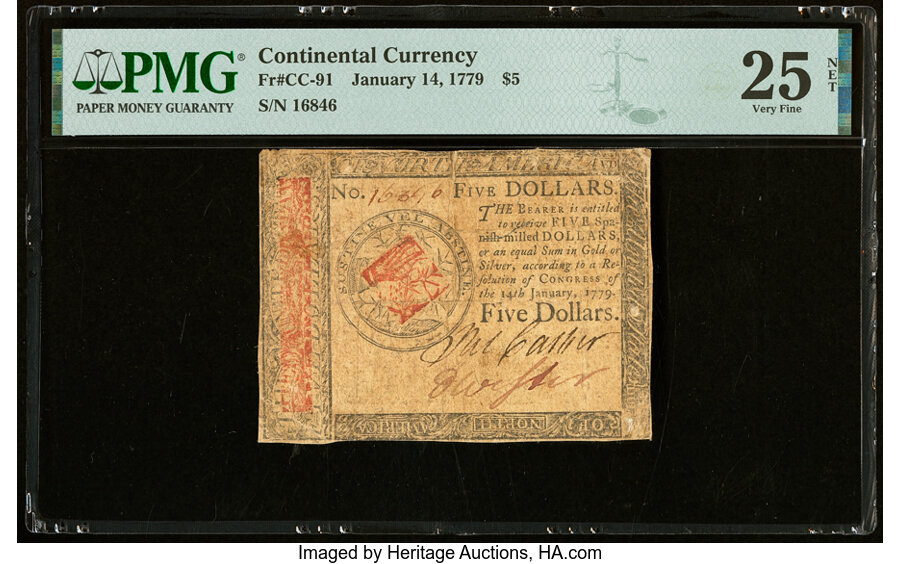 image for: Continental Currency January 14, 1779 $5 PMG Very Fine 25 Net....