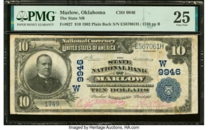 image for: Marlow, OK - $10 1902 Plain Back Fr. 627 The State National Bank Ch. # (W)9946 PMG Very Fine 25....
