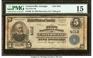 image for: Cartersville, GA - $5 1902 Plain Back Fr. 600 The First National Bank Ch. # 4012 PMG Choice Fine 15....