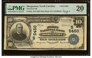 image for: Morganton, NC - $10 1902 Plain Back Fr. 633 The First National Bank Ch. # (S)5450 PMG Very Fine 20....