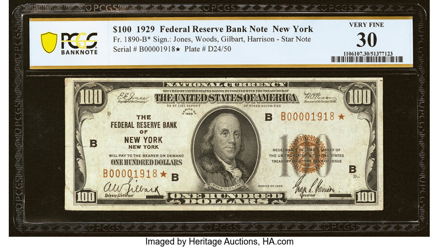 image for: Fr. 1890-B* $100 1929 Federal Reserve Bank Star Note. PCGS Banknote Very Fine 30....
