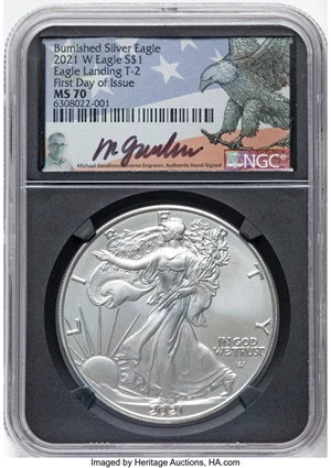 image for: 2021-W $1 Silver Eagle, Type Two, Burnished, First Day of Issue, MS70 NGC. Hand-signed, Michael Gaudioso....