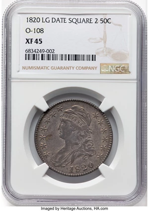 image for: 1820 50C Square Base 2, Large Date, No Knob, O-108, R.2, XF45 NGC. NGC Census: (7/25)....