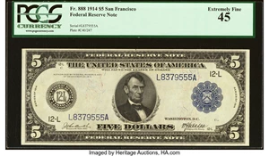 image for: Fr. 888 $5 1914 Federal Reserve Note PCGS Extremely Fine 45....
