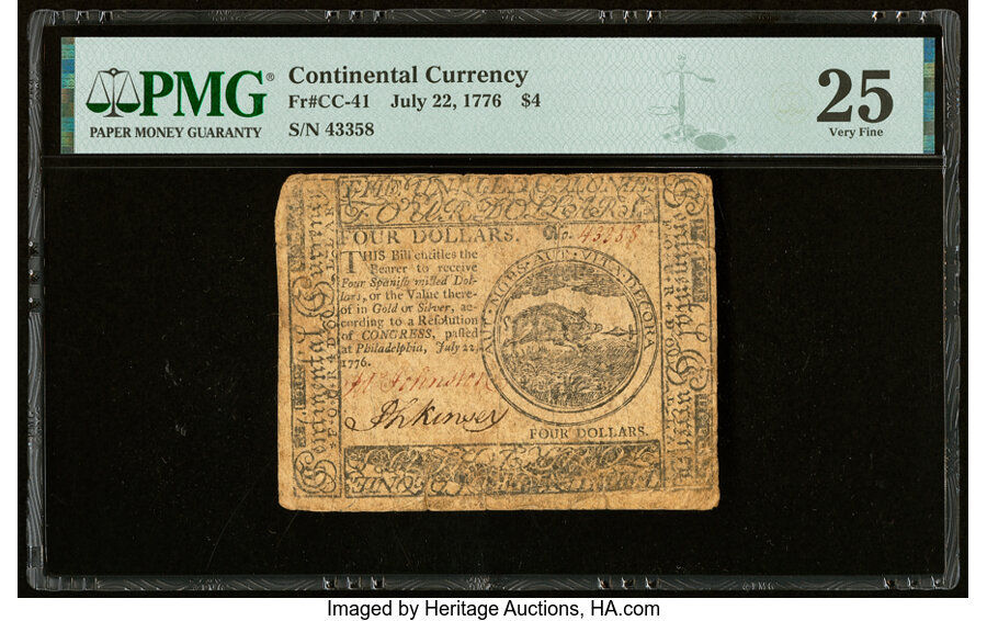 image for: Continental Currency July 22, 1776 $4 PMG Very Fine 25....