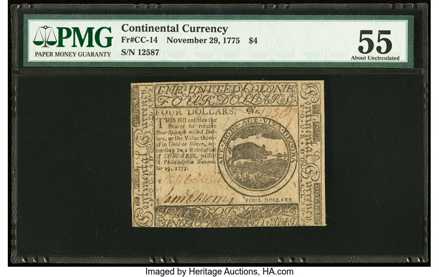 image for: Continental Currency November 29, 1775 $4 PMG About Uncirculated 55....