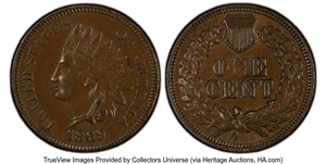 image for: 1869/69 1C Snow-4, FS-303, Repunched Date, AU58 PCGS. PCGS Population: (2/16 and 0/1+). Mintage 6,420,000....