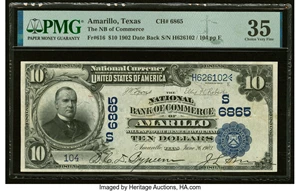 image for: Amarillo, TX - $10 1902 Date Back Fr. 616 The National Bank of Commerce Ch. # (S)6865 PMG Choice Very Fine 35....