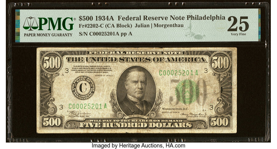 image for: Fr. 2202-C $500 1934A Federal Reserve Note. PMG Very Fine 25....