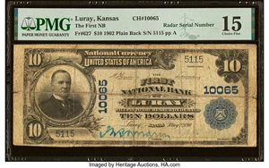 image for: Luray, KS - $10 1902 Plain Back Fr. 627 The First National Bank Ch. # 10065 PMG Choice Fine 15....