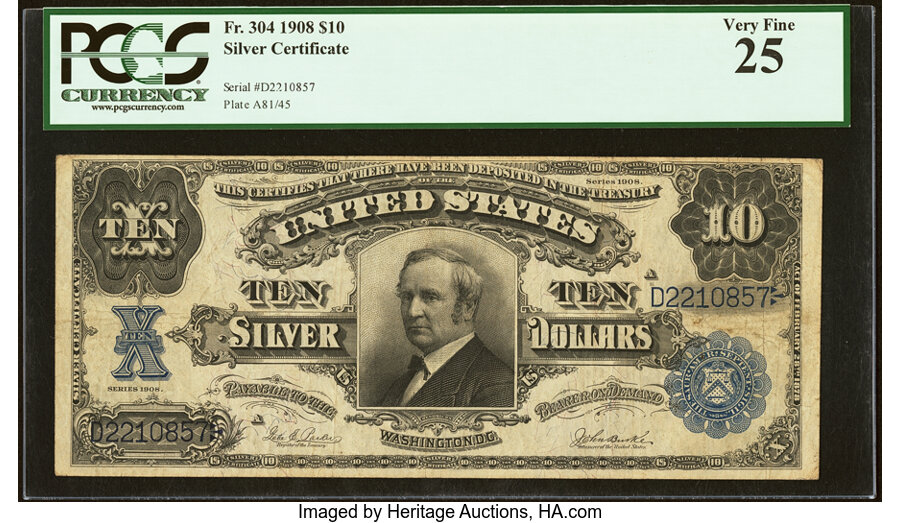 image for: Fr. 304 $10 1908 Silver Certificate PCGS Very Fine 25....