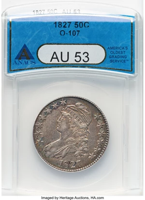 image for: 1827 50C Square Base 2, O-107, R.3, AU53 ANACS. Mintage 5,493,400....