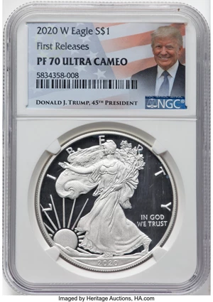 image for: 2020-W $1 Silver Eagle, First Releases PR70 Ultra Cameo NGC. Ex: Donald J. Trump, 45th President. NGC Census: (7182). PCGS ...
