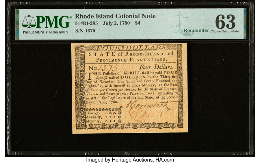 image for: Rhode Island July 2, 1780 $4 Remainder PMG Choice Uncirculated 63....