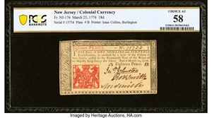 image for: New Jersey March 25, 1776 18d PCGS Banknote Choice AU 58....