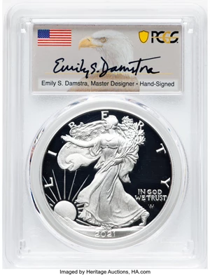 image for: 2021-S $1 Silver Eagle, Advance Release, Type Two, PR70 Deep Cameo PCGS. Hand-signed, Emily S. Damstra....