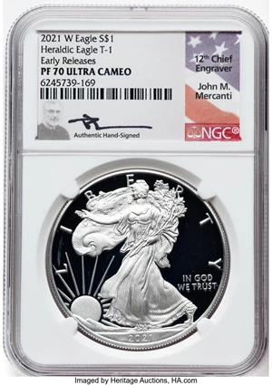 image for: 2021-W $1 Silver Eagle, Type One, Early Releases, PR70 Ultra Cameo NGC. Hand-signed, John M. Mercanti....