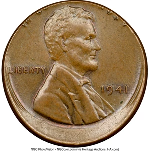 image for: 1941 1C Lincoln Cent -- Struck 10% Off Center -- AU58 Brown NGC. NGC Census: (5/17). Mintage 887,039,100....