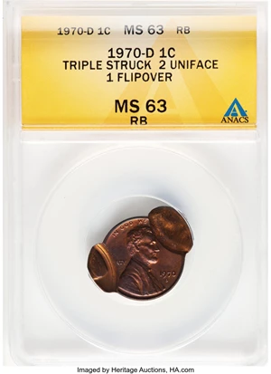 image for: 1970-D 1C Lincoln Cent -- Triple Struck 2 Uniface 1 Flipover -- MS63 Red and Brown ANACS....