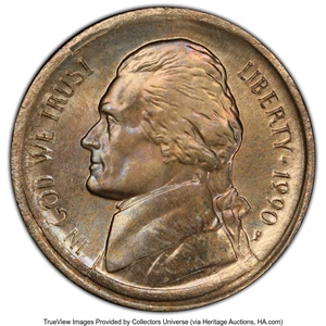 image for: 1990-P 5C Jefferson Nickel -- Partial Collar -- MS66+ PCGS. PCGS Population: (5/0 and 0/0+)....