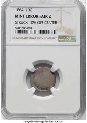 image for: 1864 10C Liberty Seated Dime -- Struck 10% Off Center -- Fair 2 NGC. NGC Census: (1/49). Mintage 11,000....